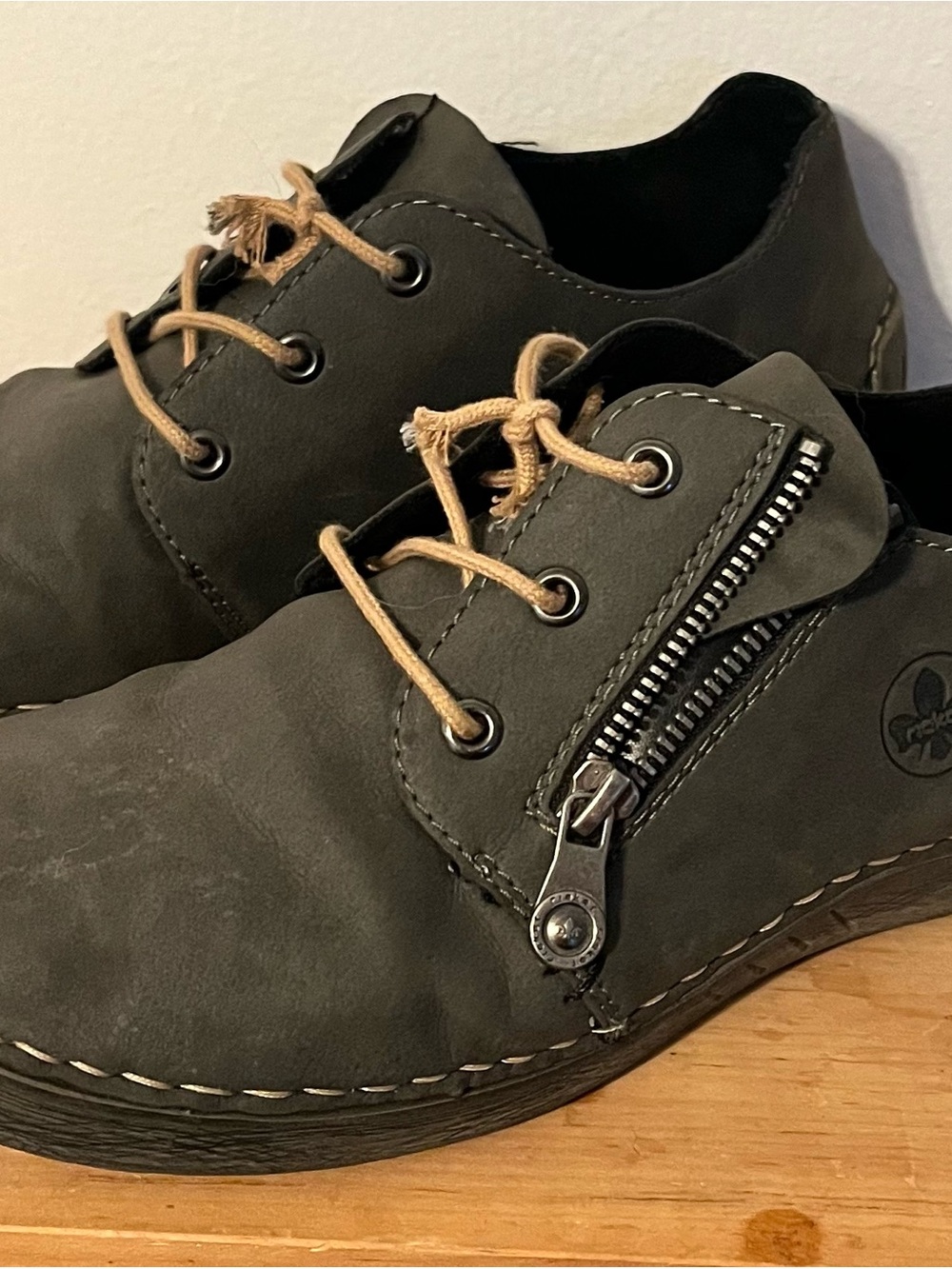 Rieker Olive Green Lace-Up Loafers with Tan Laces and Side Zip